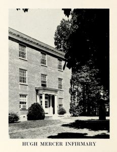 A clipping from a yearbook, in black and white, it shows the profile of a building, with "Hugh Mercer Infirmary" printed at the bottom.